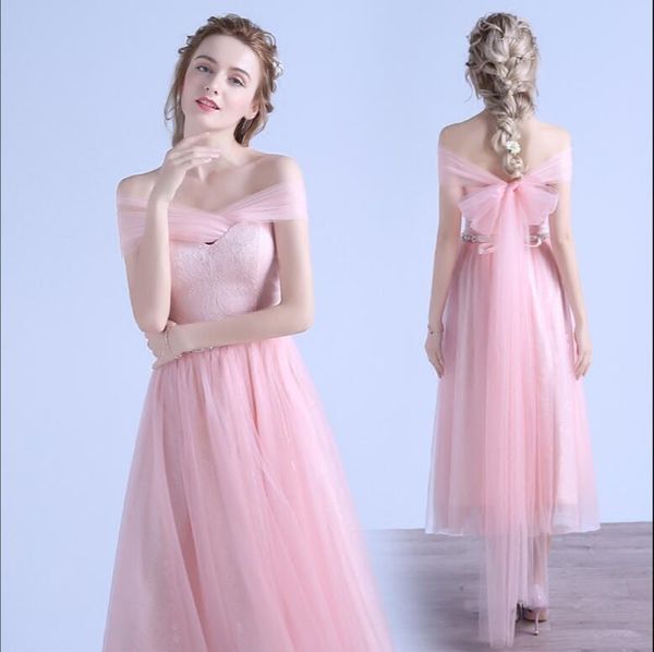 Vestido de dama de honor hasta el té de tul con encaje Vestido de fiesta de boda en la playa con escote en forma de corazón color rosa rubor