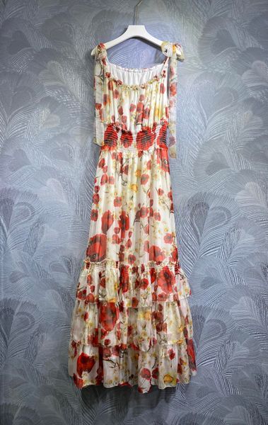 Vestido de pastel con cordones Diseñador Moda Estampado de flores 2023 Otoño / Invierno Sin mangas Vestido de cuello cuadrado suelto S-XXLVestidos amarillos