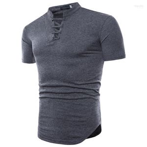 Lace-up Kraag Mannen T-shirt Zwart Wit Effen Kleur Katoen Casual Heren Mode Korte Mouw Zomer Tops kleding T-shirt12024