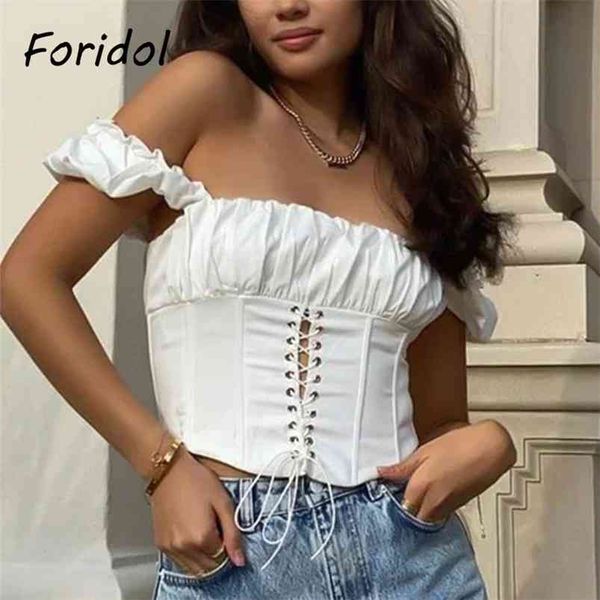 Lace Up Corset Crop Tops Vintage Ruffle Summer Beach Blouse Mignonne Blanc Sans Manches Noir Sext 210427