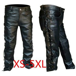 Pantalones de cuero con cordones, pantalones negros Punk para motocicleta para hombre, moda de invierno, ropa grande y alta para hombre, pantalones para hombre