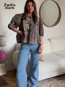 Lacet Up Leopard Imprimer Sweet Womens Blouse Bubble Sleeve Hollow Low Fluffy Top 2024 Spring Summer Fashion Casual Shirt 240411