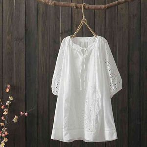 Lace Up Losse Plus Size Doll White Shirt Zomer Hol geborduurde Katoen Womens Tops 210615