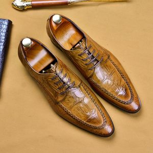 Lace Up Heren Oxfords Echt lederen krokodil patroon Office Wedding Formele schoenen voor mannen Handgemaakte puntige teen jurkschoenen