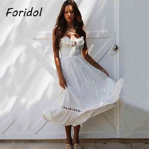 Lace Up White Midi Dress Long Spring Summer Women Beach Elegant Off The Shoulder Maxi Vestidos De Mujer 210427