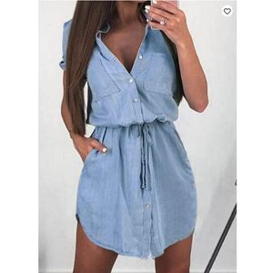 Chemises en jean pour femmes à lacets robe ample Vintage couleur unie taille haute chemises en jean pour femmes européennes et américaines