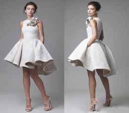 Kanten trouwjurk Krikor Jabotian juweel mouwloos hoog laag trouwjurken kort ALine strand bruidsjurken met bloem6792976