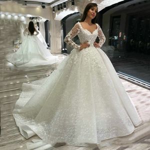 Lace Wedding Jurk lange mouwen gewaad mariage kralen Appliqued Ball Gown Bridal Jurken Arabian Vestido de Noiva 0516
