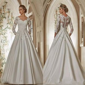 Robes de mariée en satin classique A Line 2021 Col en V à manches longues Appliques florales Robes de mariée Boutons Retour Balayage Train Robes De Novia AL6627