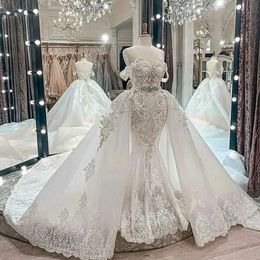 Kant trouwjurken kralen zeemeermin met afneembare trein uit schouderhals bruidsjurken tule lovertjes fulllace robe de mariee