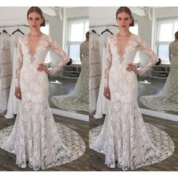 Lace Wedding prachtige jurken zeemeermin lange mouwen lange mouwen diep v nek sweep trein bedekte knoppen terug plus maat op maat gemaakte strand bruidsjurk vestido de novia estido