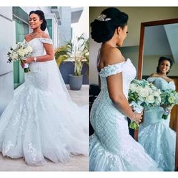 Lace Wedding zeemeermin prachtige jurken bruidsjurk van de schouderapplique beading sweep trein op maat gemaakte ontwerper sexy illusie vestido de novia