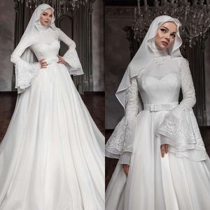 Lace Wedding Muslim High Collar Bruidsjurken Appliques Satijn lange mouwen een lijn boog bruid jurken op maat gemaakt gemaakt