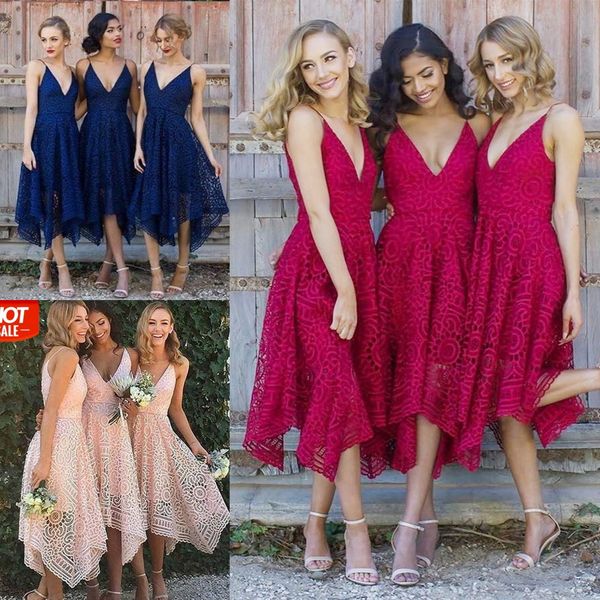 Robe de soirée de mariage en dentelle 2019 Une ligne Spaghetti Neck Robes de demoiselle d'honneur asymétriques Bourgogne Bleu Marine Blush Rose En Stock Beach Garden