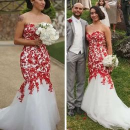 Lace Wedding Red Wit Mermaid Jurken Bruidjurk Sweetheart Hals Applique Sweep Train Corset Back Custom Made Plus Size Vestido de Novia