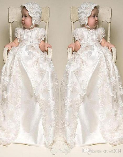 Vestidos de Lace White First Communion 2022 Manga corto de cuello alto Long Baby Fiesta Cumpleaños Vestido con sombrero IMAGEN REAL2675801