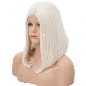 Lace Wig Blonde Whitewig schouderlengte rechte haar Synthetische voorkant kan kant pruik-lijmvrije warmtebestendige vezelhaar natuurlijke haarlijn vrije punten vrouw