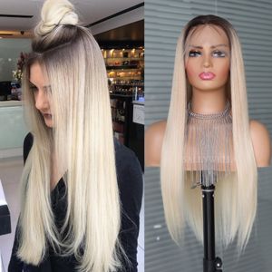 Lace pruiken 13x4 voorste blonde kleur rechte gradiënt gelaagd synthetisch haar met donkere wortels voor dagelijks feest 230505