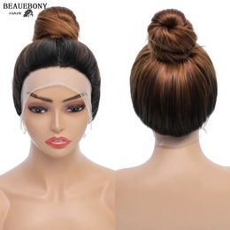 Pelucas de encaje 360 peluca frontal sintética larga recta frente para mujeres 13x4 ombre marrón 13x1 231006