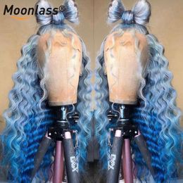 Lace Wigs 4x4 Sluiting Pruik Menselijk Haar Diepe Golf Frontale Blauw 613 Ombre Front Met Baby Braziliaanse Voor Vrouwen