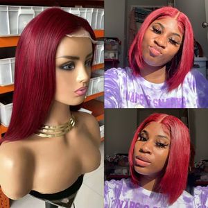 Lace Wigs 4x4 Straight Bourgondië 99J Bob Wig Braziliaanse Remy Red Short Closure Human Hair for Black Women