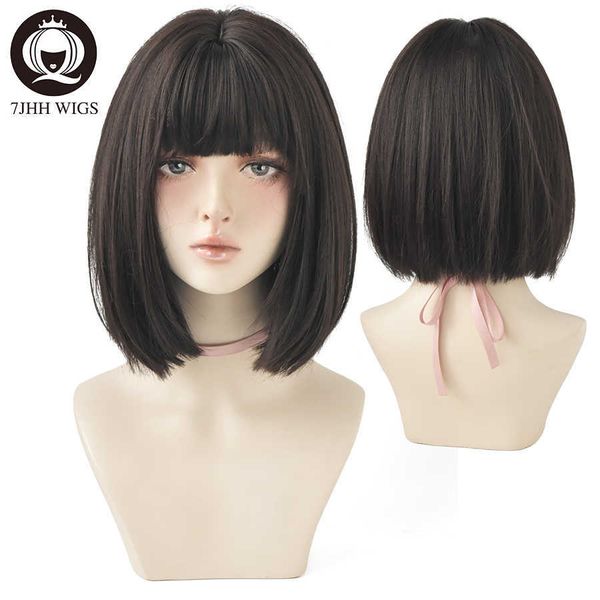 Lace Wigs 7JHH PERRUQUES Noir Court Bob Perruque pour Fille Usage Quotidien Perruque Synthétique Nouveau Style Naturel Souple D'été Résistant À La Chaleur Perruque Avec Frange Z0613