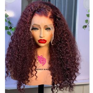 Perruques en dentelle 99J Bourgogne Vin Rouge Couleur Kinky Curly Synthétique Avant pour les femmes noires Natural Hairline Glueless Long Daily Wear 230609