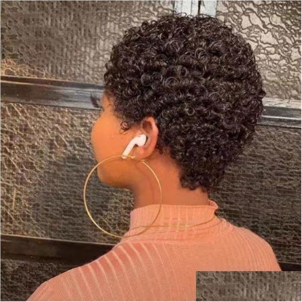 Pelucas de encaje Afro Peinado Pixie Rizos Peluca Cabello humano Corte cónico corto Bob Hine Hecho Cuero cabelludo natural Mujeres Uso diario HD Frontal Drop Delive OT2NH