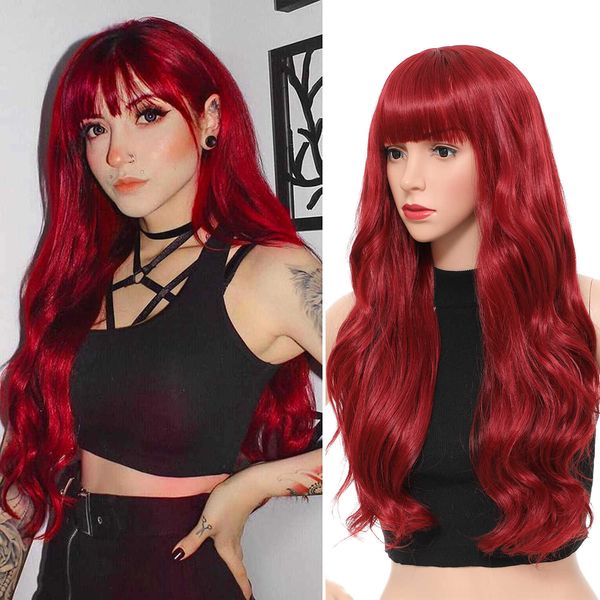 Pelucas de encaje Aigemei Pelucas onduladas de cuerpo sintético largo con explosión 28 pulgadas Onda de agua Estilo de cabello rizado para mujer Color rojo Fibra de alta temperatura Z0613