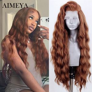 Lace Wigs Aimeya Synthetische kant -voorpruiken voor zwarte vrouwen Natuurlijke haarlijn Synthetisch haar Lace Wig Long Bruine Pruik voorgeplukt Babyhaar 230317