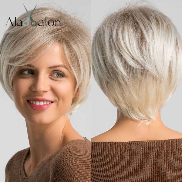 Pelucas de encaje ALAN EATON Rubio Corto Corte Pixie Peluca Sintética para Mujeres Ombre Platino Rubio Pelucas con Flequillo Diario / Fiesta Cabello Resistente al Calor Z0613