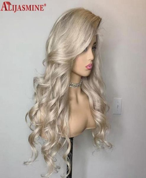 Perruques en dentelle blond cendré pour femmes cheveux humains lâche vague profonde avant perruque couleur gris HD Transparent Frontal38048165292968
