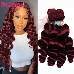 Pelucas de encaje Beaufox 99j Paquetes de cabello borgoña Paquetes de ondas sueltas indias Tejido de cabello 3/4 Paquetes Paquetes ondulados de color rojo vino 32 "L240124