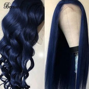 Lace Pruiken Bernardo Donkerblauw Front Pruik Synthetisch voor Zwarte Vrouwen 26 Inch Lang Steil Haar Frontale Bady Wave 231025