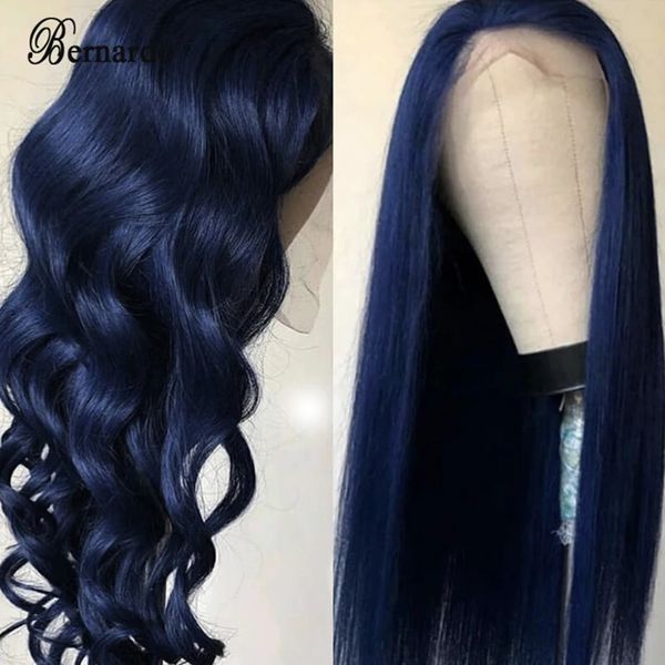Perruques en dentelle Bernardo perruque avant bleu foncé synthétique pour les femmes noires 26 pouces cheveux longs raides frontale Bady Wave 231025