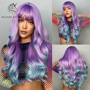 Lace Wigs Blonde Eenhoorn Synthetische Lange Golvende Pruik Ombre Paars naar Blauw Voor VROUWEN Cosplay halloween Pruiken Hittebestendige Vezel Pony Haar Z0613