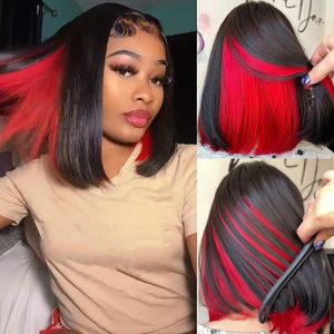 Lace Wigs Bob Perruques pour Femmes Rouge Peekaboo Perruque Cheveux Synthétiques Raides Bob Perruque Épaule Longueur Noir avec Rouge Faits saillants Perruque Blunt Cut Bob 230818