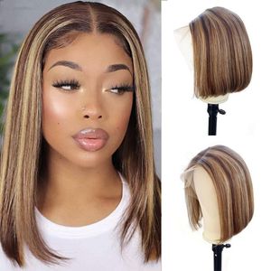 Lace Wigs Brown Highlights T Part Front Bob Ombre Straight 13x4x1 Middle Glueless Blunt Cut Perruque courte avec Baby HairLaceLace