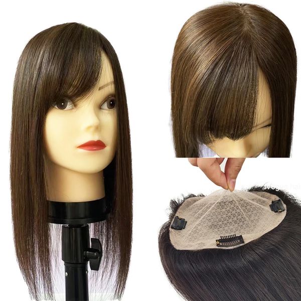 Pelucas de encaje Topper de cabello humano marrón con flequillo lateral para mujeres Superposiciones Base de piel Toupee 5x5 pulgadas Cuero cabelludo Top 4D Clip de flecos en postizos 231215