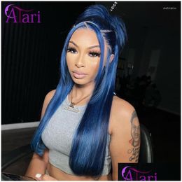 Lace Wigs Colored 13X6 / 13X4 Frontal Wig Dark Blue Straight Human Hair Transparent 5X5 Fermeture brésilienne pour les femmes noires Drop Deliver Dhaeb