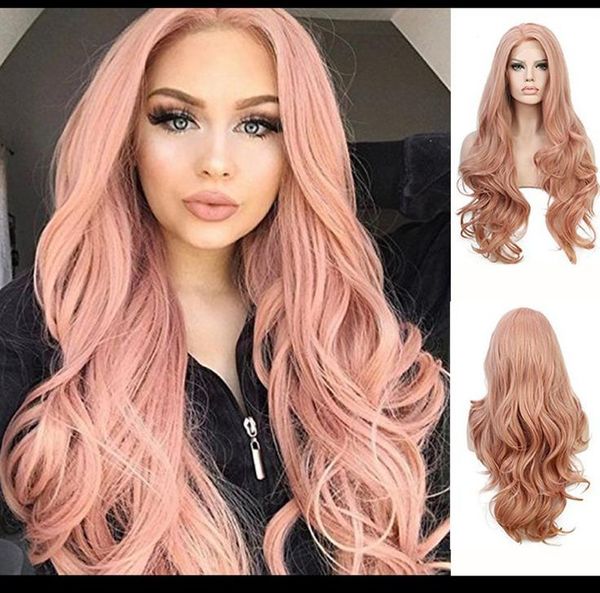 Pelucas de encaje Cos peluca color rosa peluca larga ondulada cuerpo sexy fibra de onda del cuerpo calor ristant pegamento pelucas delanteras de encaje sintético para mujeres negras Fzp78