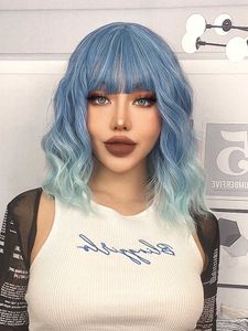 Lace Wigs Cynthia Blue Ombre Korte Bob Synthetische Pruiken Voor Vrouwen Met Pony Body Wave Cosplay Lolita Pruik Wit Natuurlijk Hittebestendig Haar Z0613