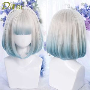 Perruques en dentelle DIFEI courte droite BOB perruque synthétique Ombre bleu cheveux perruques pour femmes résistant à la chaleur Lolita perruque femme cheveux fête Cosplay perruque Z0613