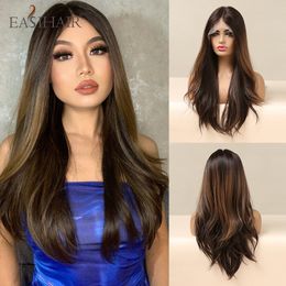 Pelucas de encaje EASIHAIR largo marrón frente pelo sintético Natural Rubio resaltar Frontal peluca para mujeres Cosplay alta densidad 230214