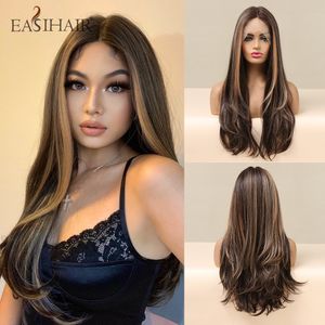 Lace Pruiken Easihair Long Bruine Front Synthetisch Natuurlijk Haar Blond Hoogte frontale pruik voor vrouwen Cosplay Hoge Density 230413