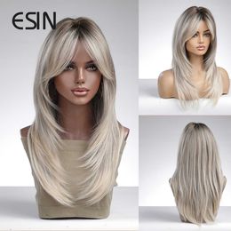 Perruques en dentelle ESIN perruque synthétique moyenne Ombre couleur foncée à blanc perruques blondes pour femmes Ombre cheveux en couches avec des racines foncées Z0613