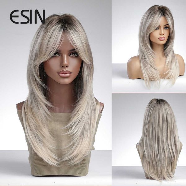 Pelucas de encaje ESIN Peluca sintética Medio Ombre Color oscuro a rubio blanco Pelucas para mujeres Ombre Cabello en capas con raíces oscuras Z0613