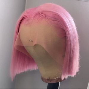 Kanten pruiken FANXITION Voorkant van synthetisch haar Korte bob Zijdeachtige rechte pruik Roze kleur Stijl Hittevezel 230617