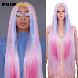 Lace Wigs Freedom Synthetische kanten pruik 38 inch diep deel Lang rechte pruik Ombre roze cosplay pruiken synthetische kanten voorpruiken voor zwarte vrouwen 230317
