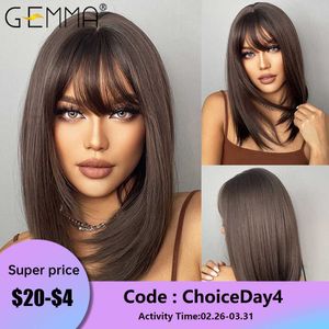 Lace Wigs GEMMA Dark Brown BoBo Perruque Synthétique avec Frange Épaule Longueur Perruque Droite pour Femmes Cosplay Quotidien Cheveux Perruque Résistant À La Chaleur Fibr Z0613